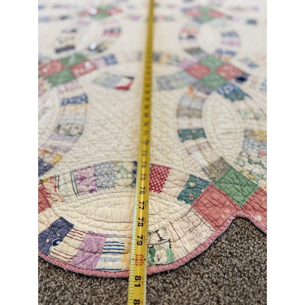 Vintage 1930's Handmade Quilt Double Wedding Ring Feed Sack Cotton Scalloped - Picture 7 of 11